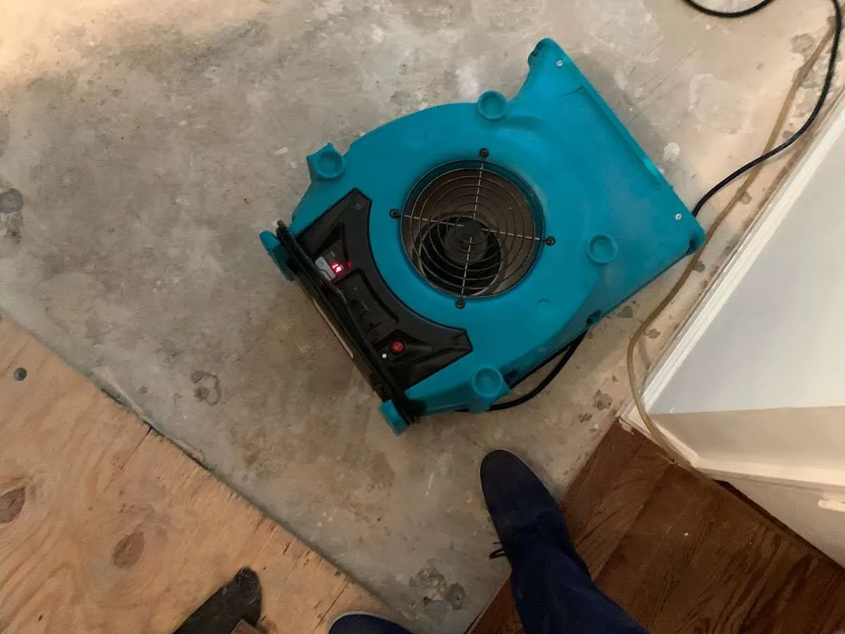 Air mover drying subfloor during Leak Detection & Repair in Oakland